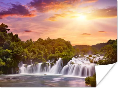 Produktbild von MuchoWow® Poster Wasserfall - Landschaft - Sonne - Wolken - Sonnenuntergang 160x120 cm - Foto Plakat