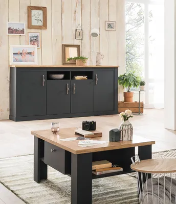 Produktbild von Landhaus Stil Sideboard mit Couchtisch CESENA-61 in anthrazit mit Wotan Eiche Nb.