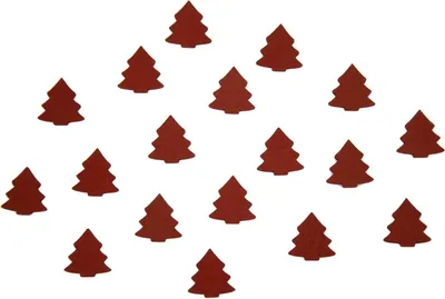 A collection of small, red, Christmas tree-shaped wooden decorations scattered on a white background.