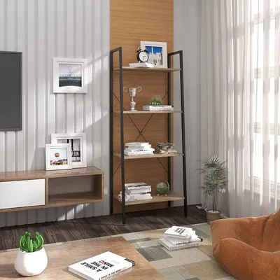 A living room scene with a ladder shelf, TV stand, and furniture.