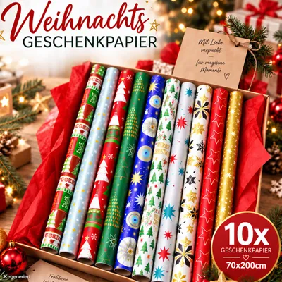 Produktbild von 10 Rollen Geschenkpapier Weihnachten Verpackung Weihnachtsgeschenkpapier Geschenkverpackung Geburtstag Feier Papier 200x70cm