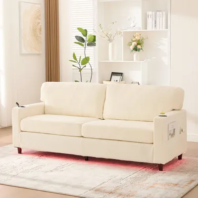 Produktbild von MODFU Elegantes Zweisitzer-Sofa Chaiselongue Relaxsofa mit USB-C-Anschluss und LED-Ambiente,Loungesofa mit Integrierte Seitentaschen,beige