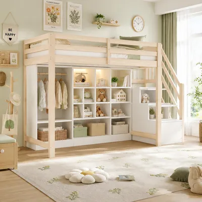 Productafbeelding van Hoogslaper van 90 x 200 cm, gemaakt van hout, met LED-verlichting, opbergkasten, vakken, een kledingroede en een geïntegreerde zijtrap. Enkelbed, houtkleur