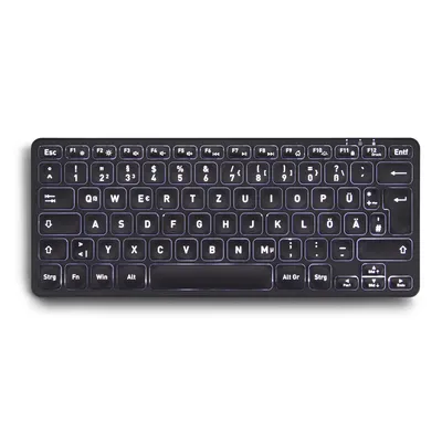 A black Perixx PERIBOARD-732B DE mini wireless keyboard with illuminated keys is shown from a top-down perspective on a white background.