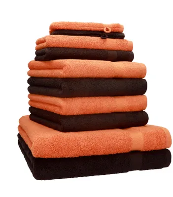 Produktbild von Betz 10-tlg. Handtuch-Set PREMIUM 2 Duschtücher 4 Handtücher 2 Gästetücher 2 Waschhandschuhe  Farbe:  orange & dunkelbraun