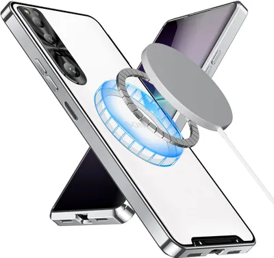 A silver phone case with a magnetic ring and a charging puck is shown against a white background.