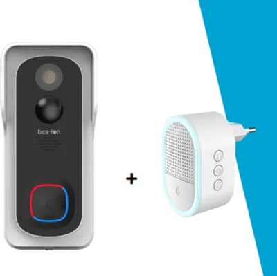 A doorbell camera and an indoor chime are shown side-by-side with a plus sign in between them, suggesting a set.