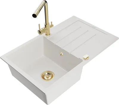 Produktbild von Mexen Bruno 1 Becken-Granitspüle mit Abtropffläche und Mischbatterie Duero, Weiß - 6513-20-671600-50