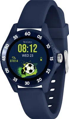 A close-up, angled view of a blue smartwatch with a digital display showing the time, date, and a soccer ball graphic.