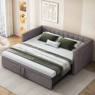 Produktbild von Merax Tagesbett 90x200cm/180x200cm Ausziehbett, Erweiterbares Schlafsofa mit Lattenrost und Armlehnen, Samt Polsterbett Kinderbett Sofabett, Grau