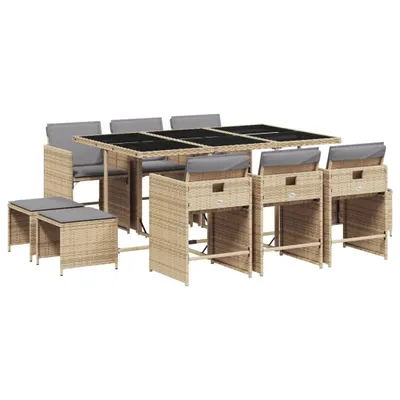 Produktbild von 11-tlg. Garten-Essgruppe mit Kissen Beigemischung Poly Rattan