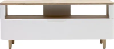 Produktbild von TV-Board "AMALFI" aus Eiche teilmassiv gerundet und mit natürlichem Öl behandelt in Eiche teilmassiv gerundet und mit natürlichem Öl behandelt mit Absetzungen in Weiß MDF PolyurethanLackiert. Abmessungen (B/H/T) 120x49x40 cm