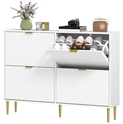 Produktbild von Schmaler Schuhschrank mit 4 geriffelten Tš¹ren und verstellbaren Einlegeb?den fš¹r 20 Paar Schuhe, 105 x 24 x 91,5 cm, Wei?