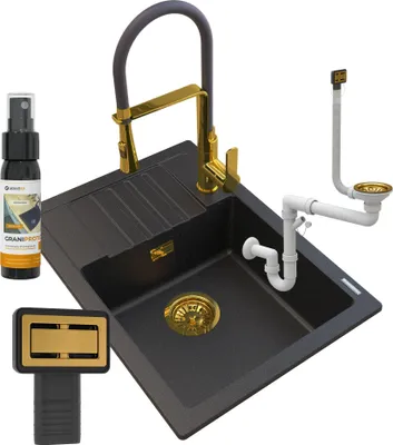Produktbild von Granitan | Spülbecken Granit - Schwarz - 62x44x17,5 cm - ARGOS + Siphon Gold + Küchenarmatur VEGAS Gold + Impregnat
