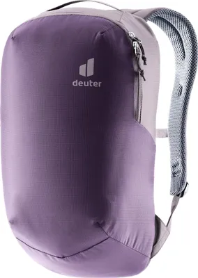 A purple and gray Deuter backpack is shown against a white background.