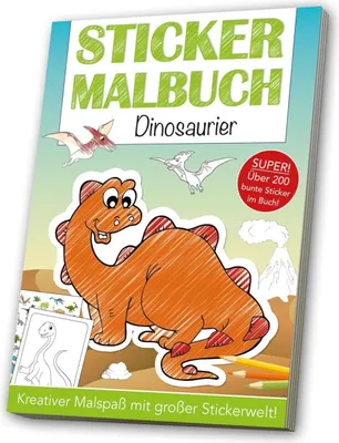 Produktbild von Stickermalbuch Dinosaurier mit urzeitlichen Hintergrundmotiven und liebevoll gestalteten Malvorlagen