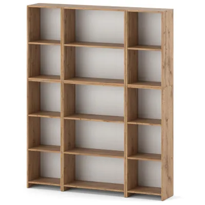 A freestanding bookshelf with multiple compartments.
