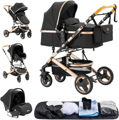 Image de Poussette 3-en-1 - Poussette combinée - Transport sûr - Double suspension - 60 x 40 x 105 cm - Noir