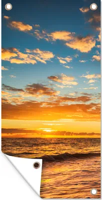 Produktbild von MuchoWow® 40x80 cm Outdoor-Poster Gartendeko Sichtschutz Garten Poster für den Garten  Strand - Sonnenuntergang - Meer - Palme