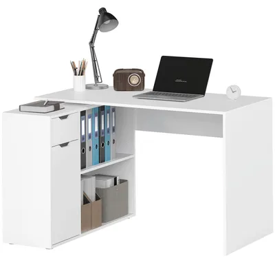 Produktbild von HOMCOM Eckschreibtisch L-Form Schreibtisch mit Offenen Ablagen, Schublade Weiß