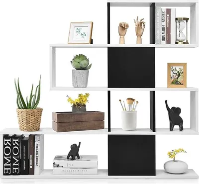 Produktbild von Bücherregal mit 4 Ebenen, Raumteiler Standregal 10 Fächern, 120 x 19,5 x 109 cm Aufbewahrungregal Wohnzimmer (Weiß + Schwarz)