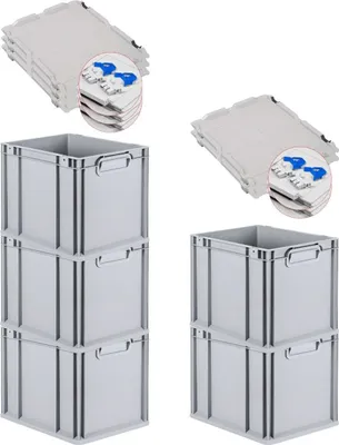 Produktbild von SuperSparSet 5x Eurobox NextGen Grip mit Scharnierdeckel und blauen Schiebeschnappverschlüssen | HxBxT 32x30x40cm | 30 Liter | Grau | Griffe geschlossen | Glatter Boden | Eurobehälter, Transportbox, Transportbehälter, Stapelbehälter