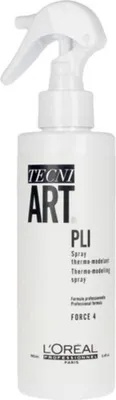 A white spray bottle of L'Oréal Professionnel Tecni.Art Pli hair spray is shown against a white background.