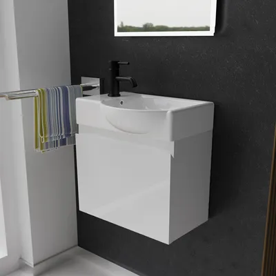 Produktbild von Alpenberger Waschtisch mit Unterschrank | Gäste WC Waschbecken Klein 45 cm Breit | Keramik Aufsatzwaschbecken mit Waschbeckenunterschrank | Badmöbel Set Hängend | Waschtischunterschrank Weiss Glänzend