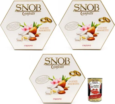 Produktbild von 3x Crispo SNOB Lieto Evento Bianco Confetti Weißes Konfetti, 6 Verschiedene Geschmacksrichtungen 500g + Italian Gourmet Polpa di Pomodoro 400g Dose
