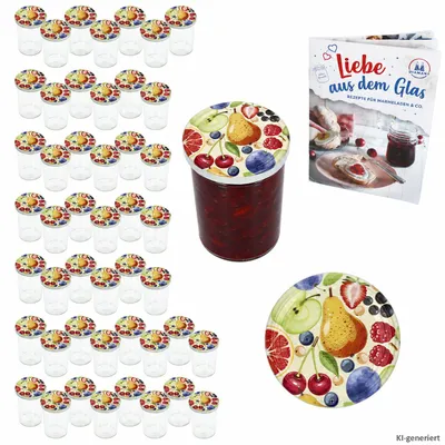 Produktbild von 48er Set Sturzglas 435 ml Marmeladenglas Gläser Einweckglas To 82 Comic Obst Deckel incl. Rezeptheft