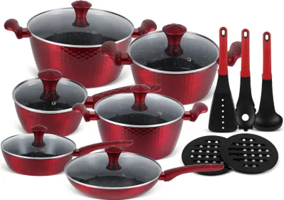 Produktbild von Rote Topfset Töpfe 15tlg, Kasserolle, Kochtopf, Pfanne, Untersetzer, Küchenutensilien, Keramik, (1.2L / 2.35L / 3.0L / 4.12L / 6.52L )