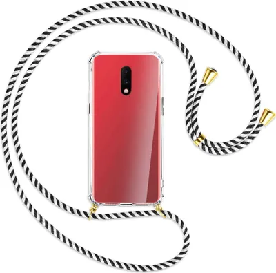Produktbild von Handykette Backcover-Schutzhülle mit Band (Metall goldfarben) für OnePlus 7 - schwarz/weiß gestreift