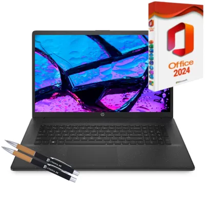 A laptop with Microsoft Office packaging and two pens.
