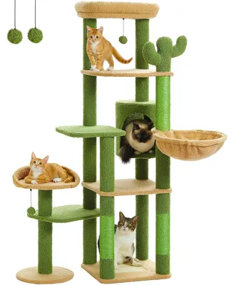 Produktbild von Katzen Kratzbaum - AMT0233BN Kratz- und Kletterturm - 150 cm Hoch - Mehrstöckig - 5 Ebenen - Hängematte & Kratzstämme - Geräumiges Katzenhaus