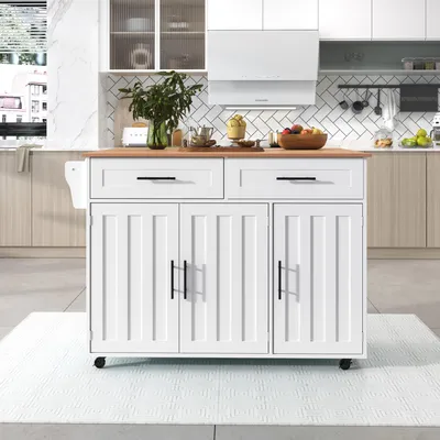 Produktbild von Merax Küchenwagen mit Klapptischplatte, Servierwagen mit 2 Schubladen und Stauraum, Esszimmer-Kücheninsel 129x71x91,5cm auf Rollen, Klapptisch Weiß