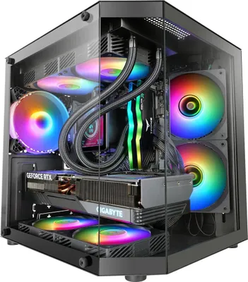 A computer case with internal components and RGB lighting.