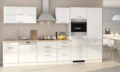 Produktbild von Küchenblock Mailand 360 cm weiß hochglanz ohne Elektrogeräte mit Spüle (Geschirrspüler geeignet)