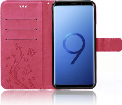 A pink flip case for a Samsung Galaxy S9 Plus phone, open to reveal the phone and card slots.