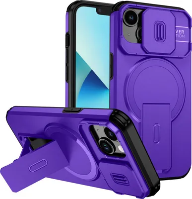 Produktbild von Magnetisch Hülle für iPhone 14/iPhone 13, Dual Layer Stoßfest Handyhülle mit Dia Kameraschutz, Verstellbarem Ständer Lila