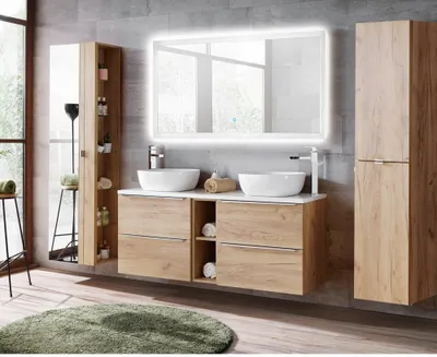 Produktbild von Badmöbel Komplett-Set mit Doppel-Waschtisch & LED-Touch-Spiegel TOSKANA-56 Wotaneiche Nb. BxHxT ca. 260/190/46cm