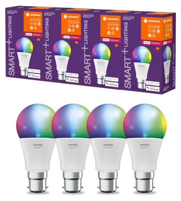 Immagine prodotto di Lampada LEDVANCE Smart+ con tecnologia ZigBee, 9W, attacco A60, finitura opaca, base B22D, colore della luce RGBW regolabile, 806 lumen, confezione da 4 – Colori RGBW modificabili, formato multipack