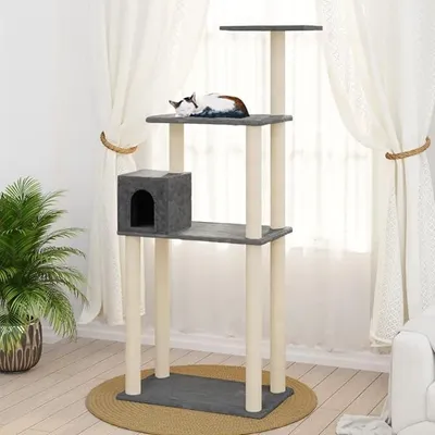 Produktbild von Kratzbaum mit Sisal-Kratzsäule, Katzenkratzbaum, Kletterwand, Kratzbäume Für Katzen, Kratzstamm, Kratzbaum Deckenspanner,n Dunkelgrau 147 cm