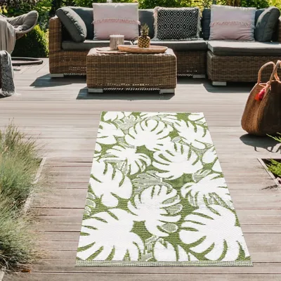 Produktbild von Exotischer Outdoor-Teppich mit tropischen Blättern in grün Größe - 90 x 150 cm