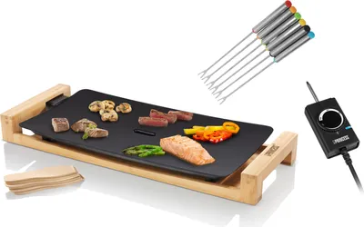 Produktbild von Teppanyaki Grillplatte Schwarz für Zuhause, elektrischer Tischgrill mit 6 Gabeln