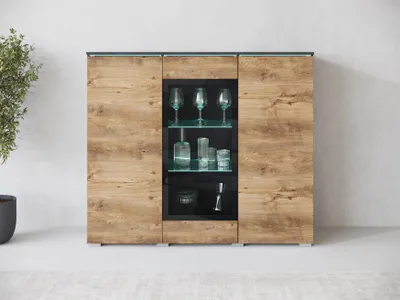 Image de MINIO go for it, commode « VEVE », 120 cm, vitrine, avec façade en verre, façades brillantes, couleur Matera / Châtaigne Breslau