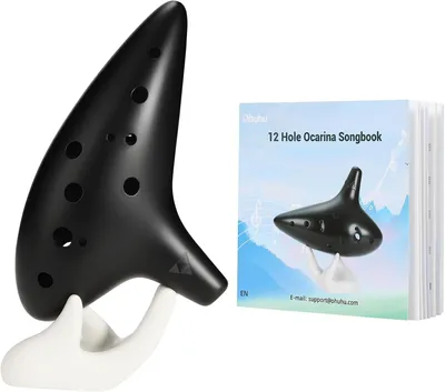 Productafbeelding van 12-Hole Ocarina - Keramische Fluit - Muziek Maken - Inclusief Songbook - 17.7cm Lengte - Zwart
