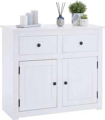 Produktbild von Kommode PAULO weiß aus Massivholz im Landhausstil mit 2 Türen und 2 Schubladen, Mexico Sideboard aus Kiefer mit Beschlägen und Griffen aus Metall