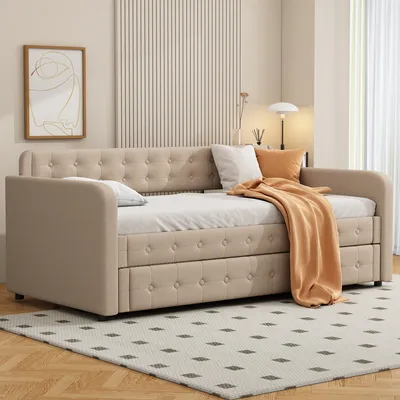 Produktbild von Flieks sofa rozkładana Łóżko tapicerowane z wysuwanym oparciem, łóżko dzienne dla gości 90x200cm/90x190, sofa rozkładana z oparciem i podłokietnikami, pościel pojedyncza, ciemny beż