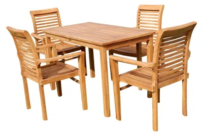 Produktbild von ALEOS. Teak Gartenset Gartengarnitur Gartentisch 120x70 cm Set mit 4 Stapelstühlen Sessel stapelbar echt TEAK Holz Serie ALPEN