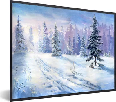 Produktbild von MuchoWow® Gerahmtes Poster Wald - Winter - Schnee 80x60 cm - Poster mit Schwarzem Bilderrahmen Wandposter Rahmen Foto Bilder - Schwarzem - Mit Gestell